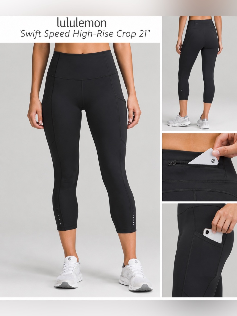 Lululemon Swift Speed High-Rise Crop 21” Black Leggings Size 4 Pockets
